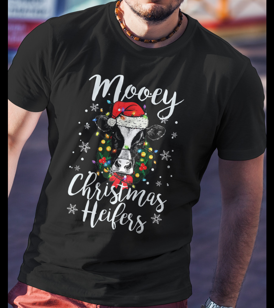 Mooey Christmas Heifers Santa Cow With Festive Lights And Snowflakes T-Shirt