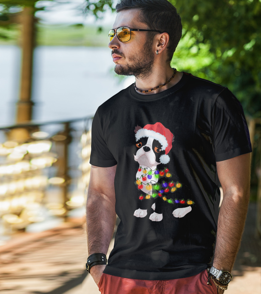 Boston Terrier Christmas Lights Santa Hat T-Shirt