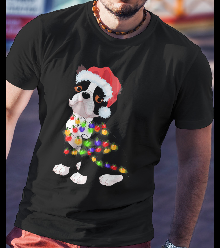 Boston Terrier Christmas Lights Santa Hat T-Shirt