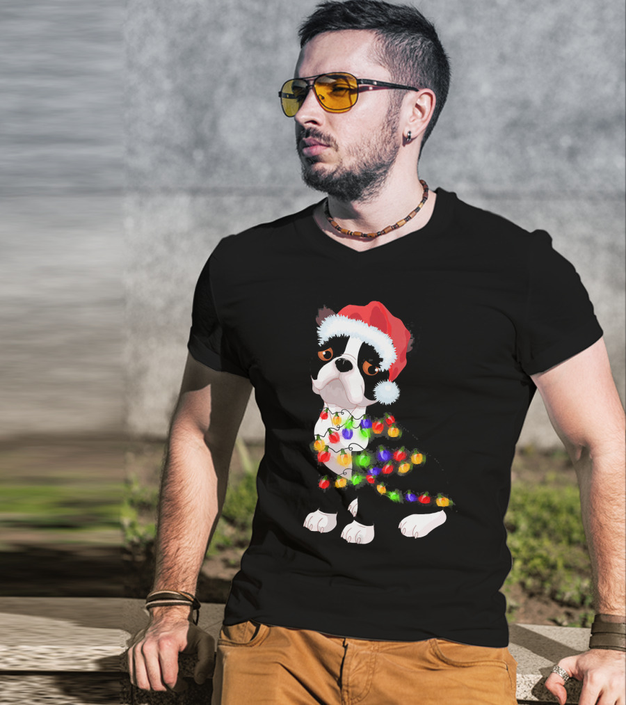 Boston Terrier Christmas Lights Santa Hat T-Shirt