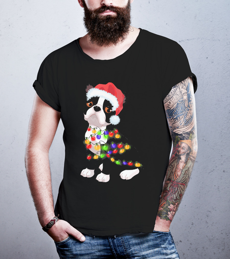 Boston Terrier Christmas Lights Santa Hat T-Shirt