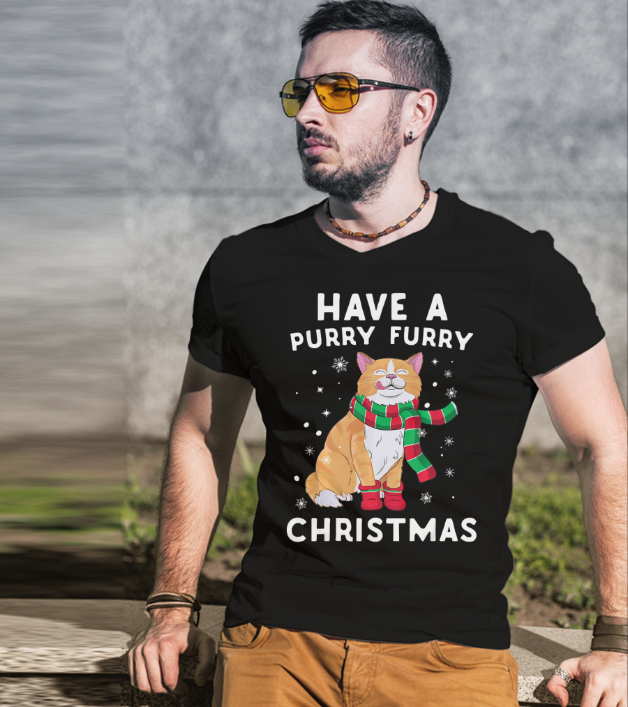 Have A Purry Furry Christmas Snowflakes And Cat With Scarf T-Shirt