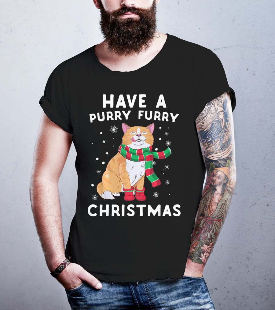 Have A Purry Furry Christmas Snowflakes And Cat With Scarf T-Shirt
