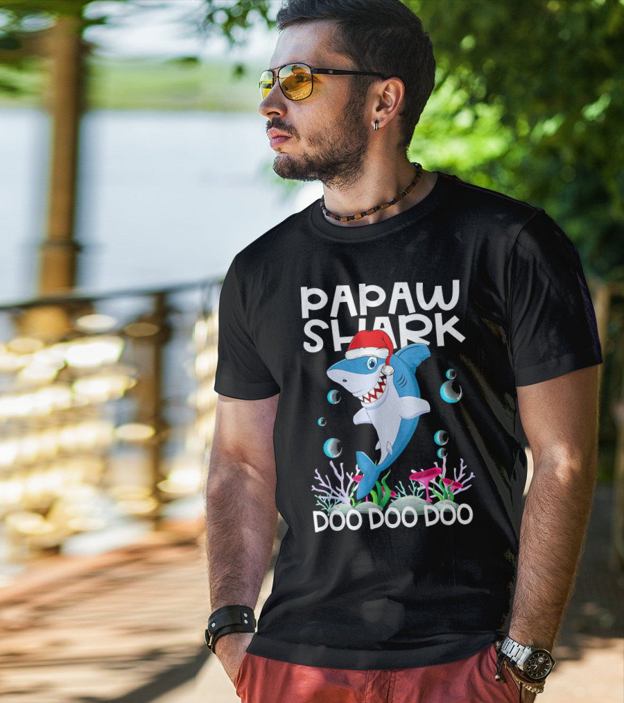 Papaw Shark Doo Doo Doo Santa Hat Coral Bubbles T-Shirt