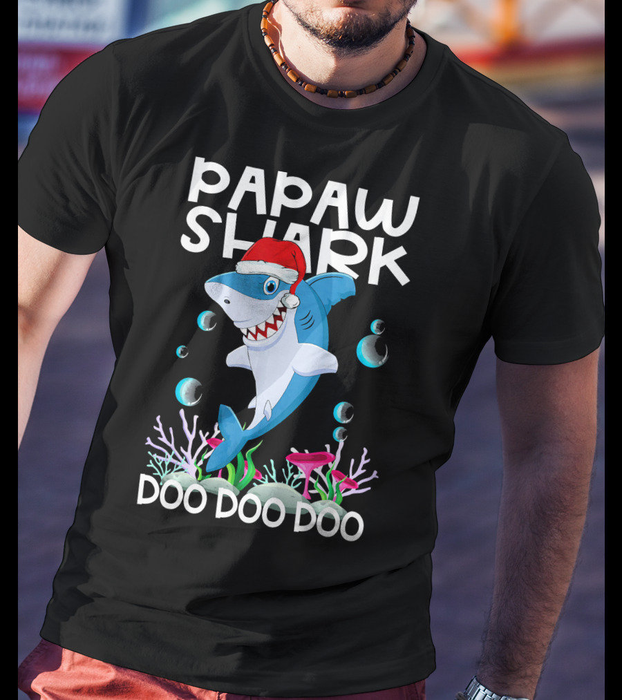 Papaw Shark Doo Doo Doo Santa Hat Coral Bubbles T-Shirt