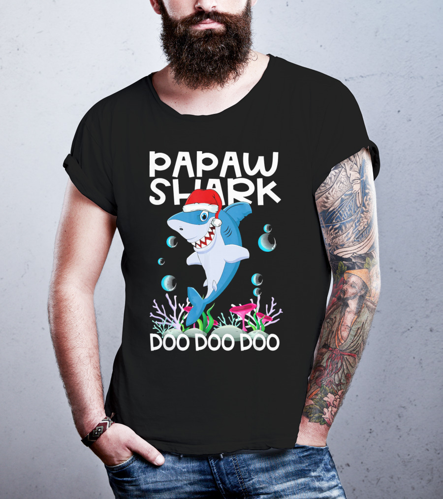 Papaw Shark Doo Doo Doo Santa Hat Coral Bubbles T-Shirt
