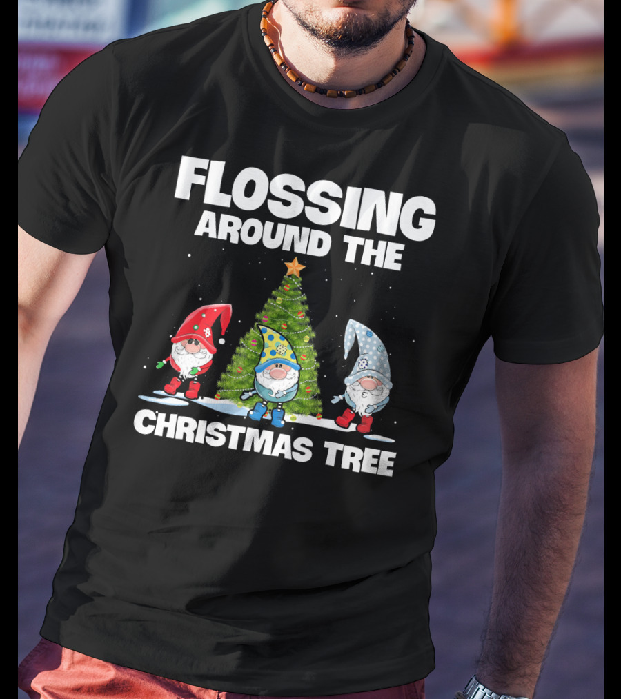 Flossing Around The Christmas Tree Gnomes And Lights Under Starry Sky T-Shirt