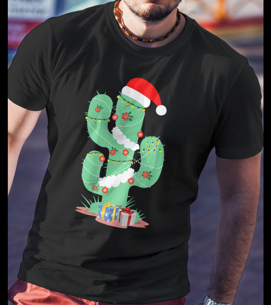 Funny Christmas Cactus With Santa Hat And Presents T-Shirt