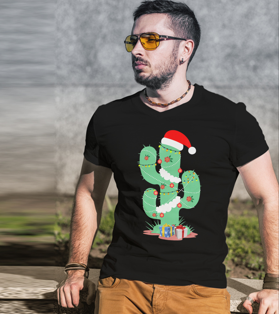 Funny Christmas Cactus With Santa Hat And Presents T-Shirt