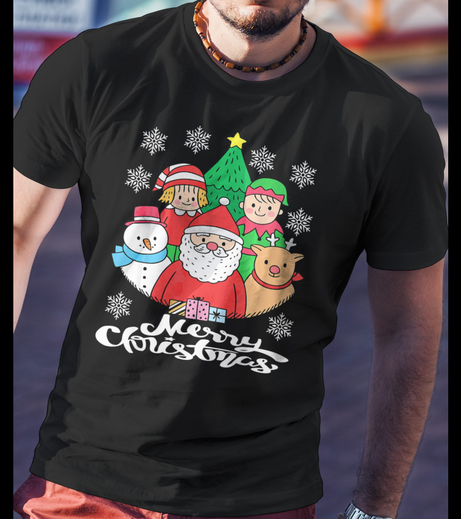 Merry Christmas Santa Claus Elf Snowman Reindeer Tree T-Shirt