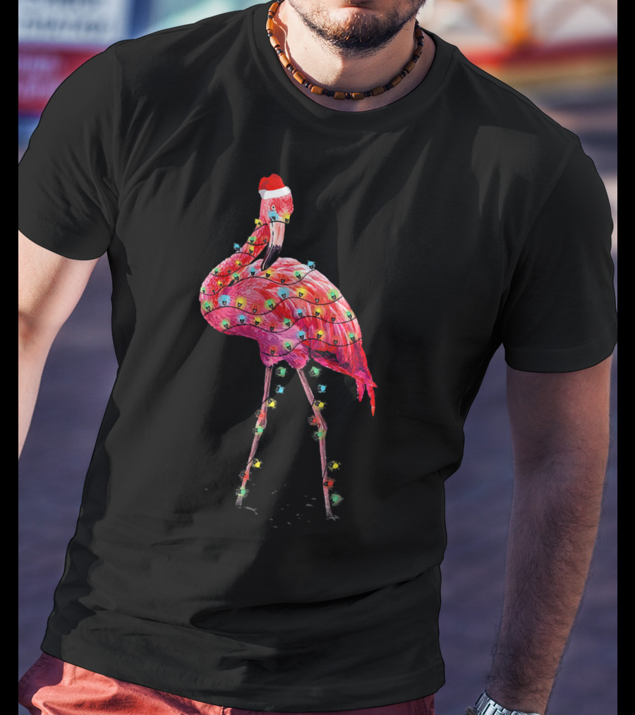 Cute Pink Flamingo Christmas Lights Santa Hat T-Shirt