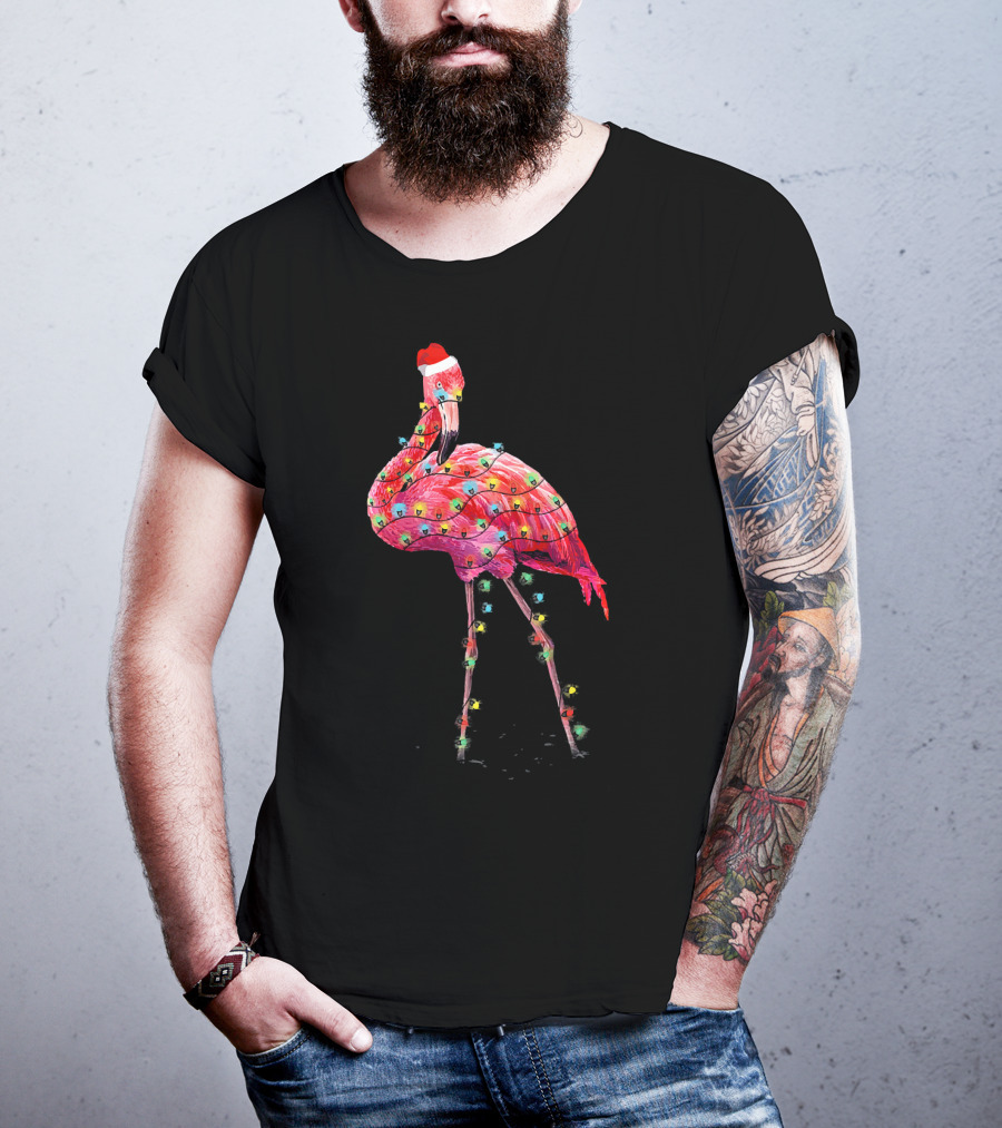 Cute Pink Flamingo Christmas Lights Santa Hat T-Shirt