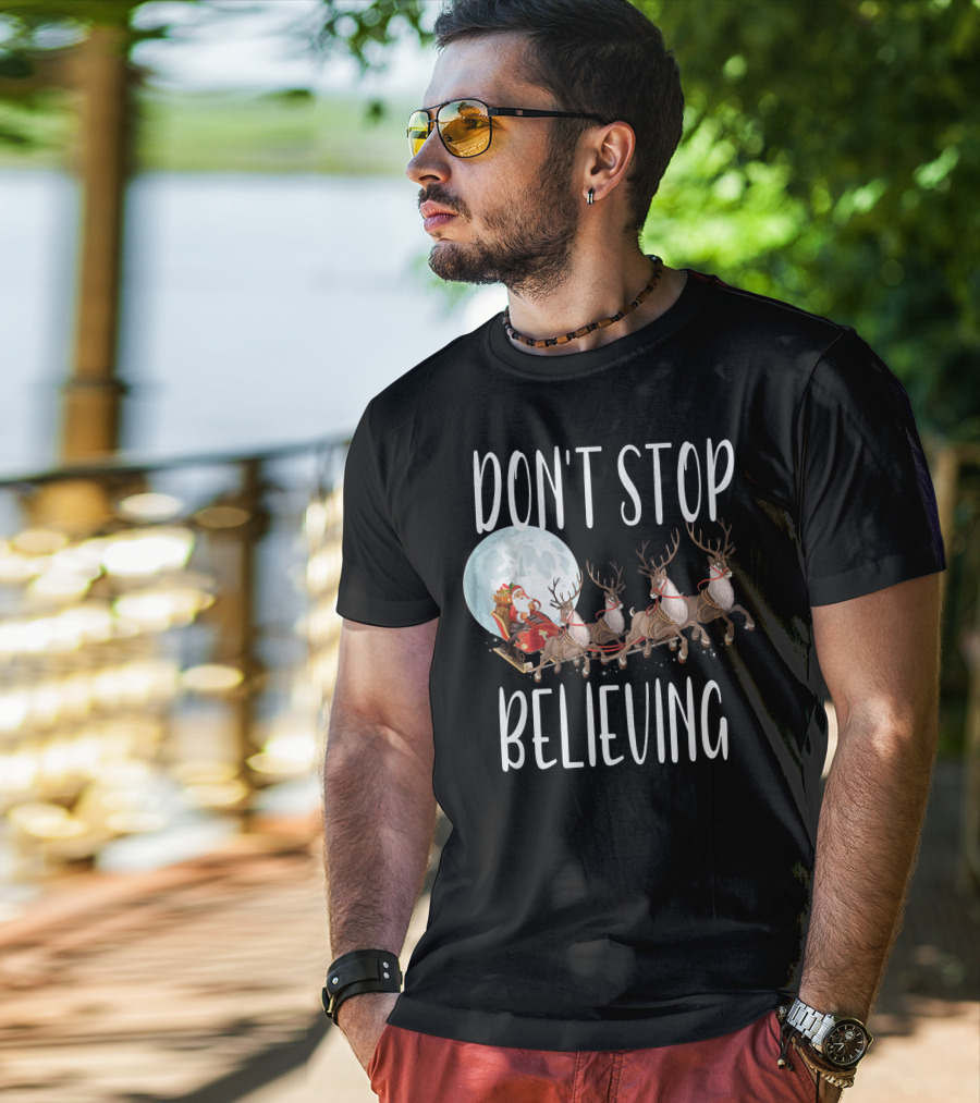 Don't Stop Believing Santa Sleigh Moon Reindeer T-Shirt