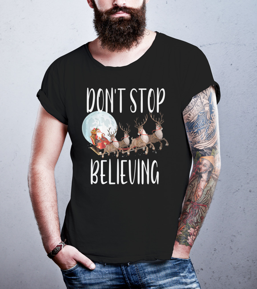 Don't Stop Believing Santa Sleigh Moon Reindeer T-Shirt