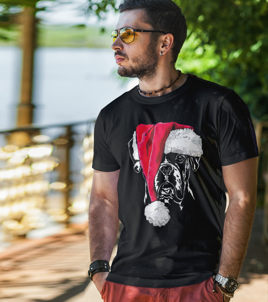 Funny Boxer Dog With Santa Hat Christmas T-Shirt