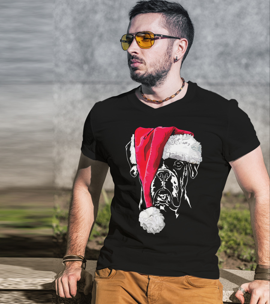Funny Boxer Dog With Santa Hat Christmas T-Shirt