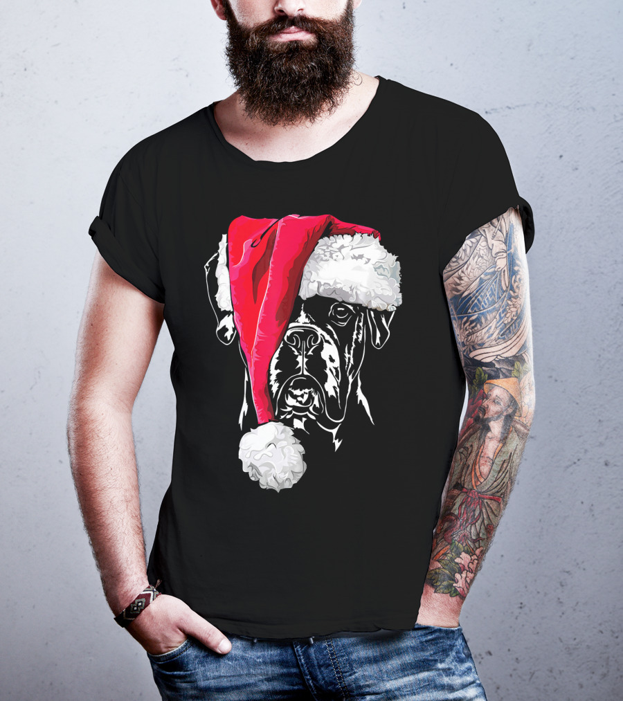 Funny Boxer Dog With Santa Hat Christmas T-Shirt