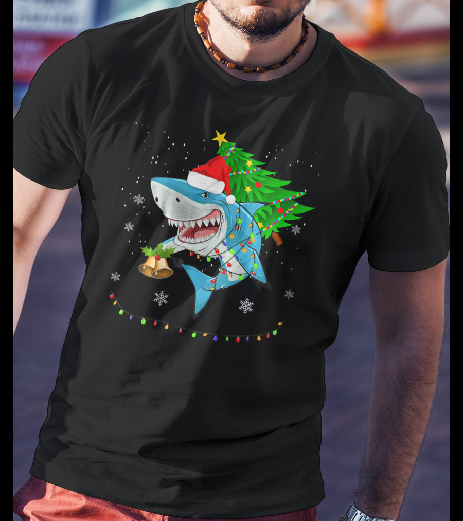 Shark Christmas Tree Santa Hat Holiday Lights Snowflakes T-Shirt