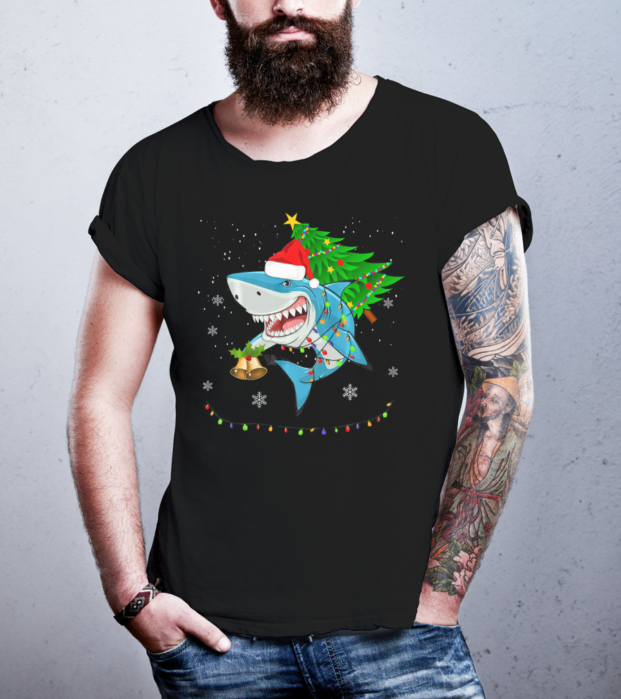 Shark Christmas Tree Santa Hat Holiday Lights Snowflakes T-Shirt