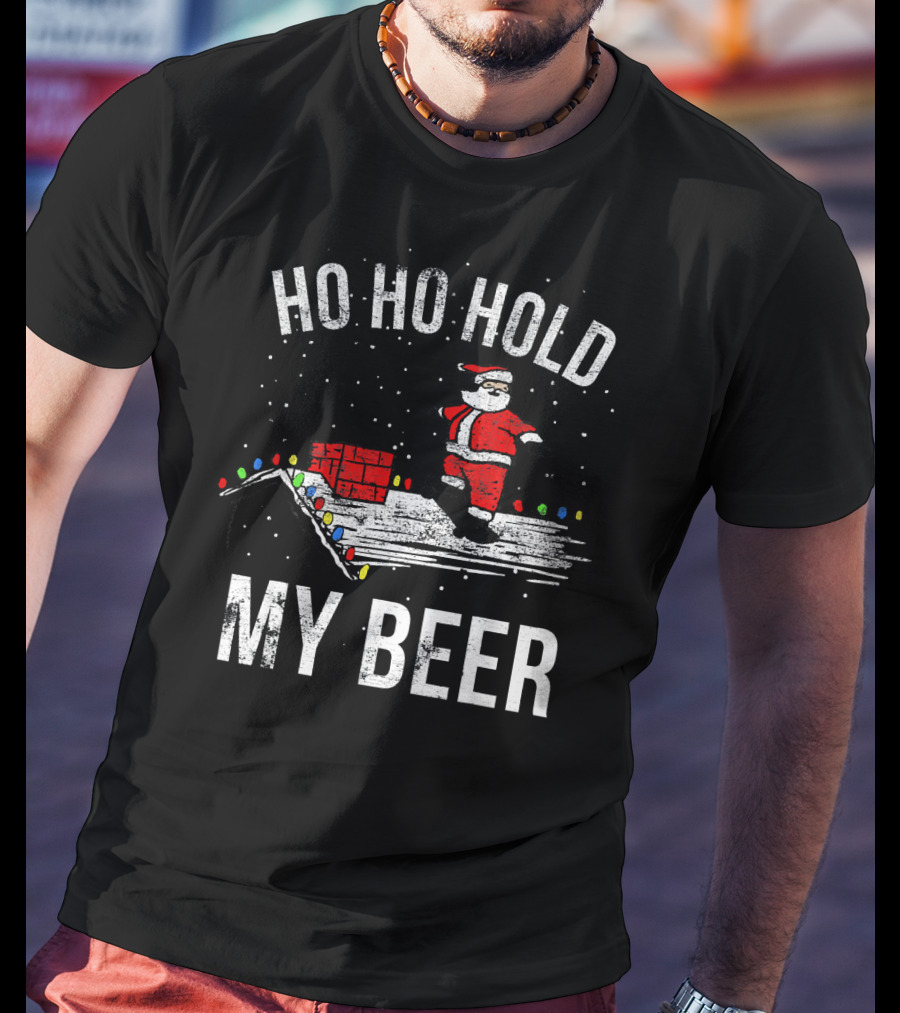 Ho Ho Hold My Beer Santa Skateboarding On Roof With Lights T-Shirt