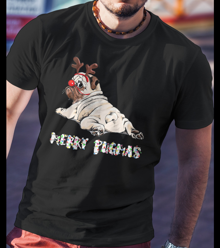 Merry Pugmas Christmas Reindeer Pug With Festive Lights For Dog Love T-Shirt