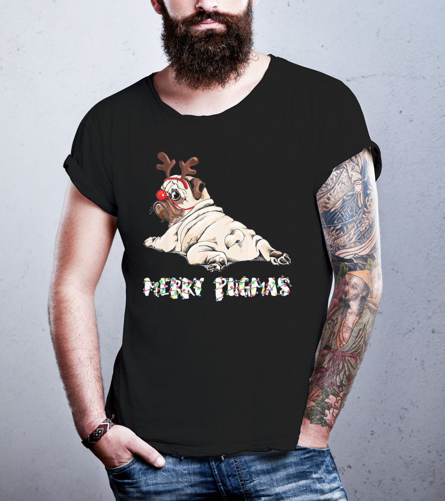 Merry Pugmas Christmas Reindeer Pug With Festive Lights For Dog Love T-Shirt
