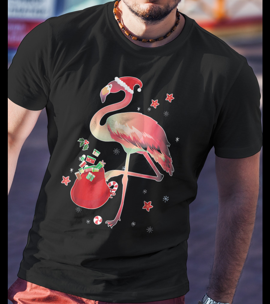 Ugly Christmas Funny Pink Flamingo With Santa Hat And Holiday Gift Bag T-Shirt