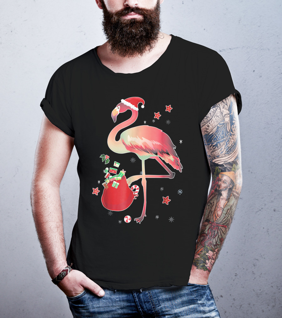 Ugly Christmas Funny Pink Flamingo With Santa Hat And Holiday Gift Bag T-Shirt