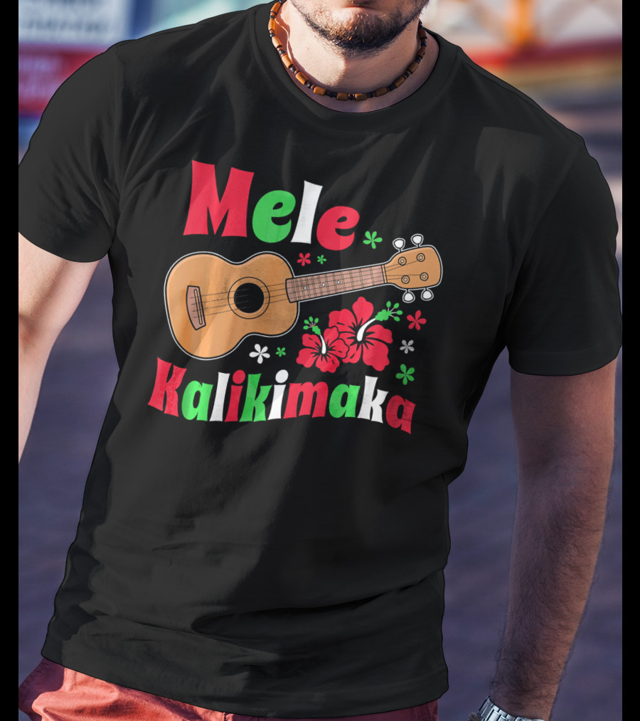 Mele Kalikimaka Ukulele Hibiscus Hawai Christmas T-Shirt
