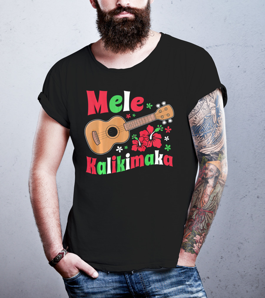Mele Kalikimaka Ukulele Hibiscus Hawai Christmas T-Shirt