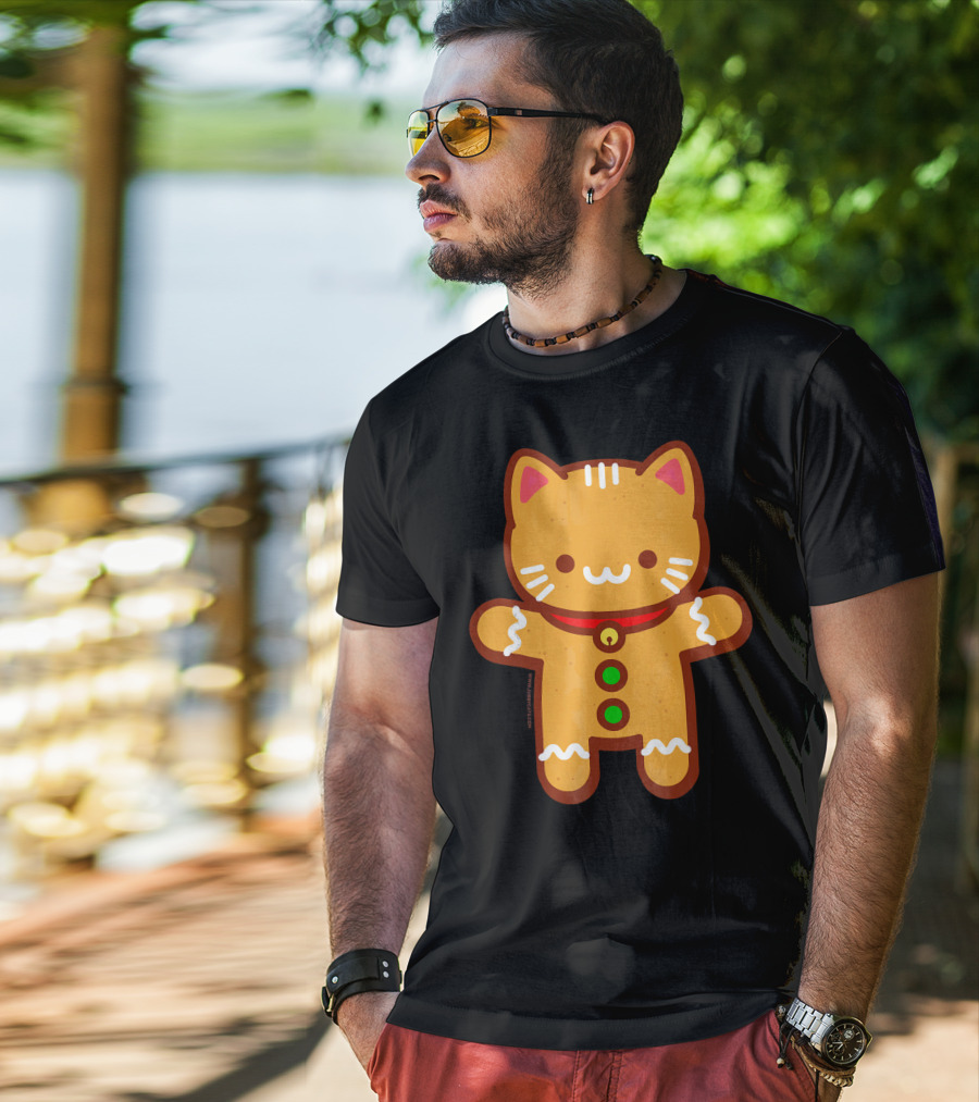 Cute Gingerbread Cat With Whiskers And Red Collar T-Shirt