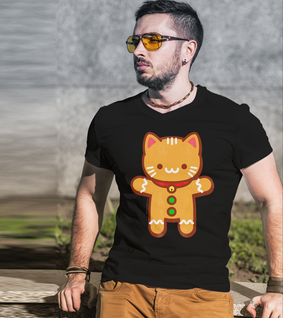 Cute Gingerbread Cat With Whiskers And Red Collar T-Shirt