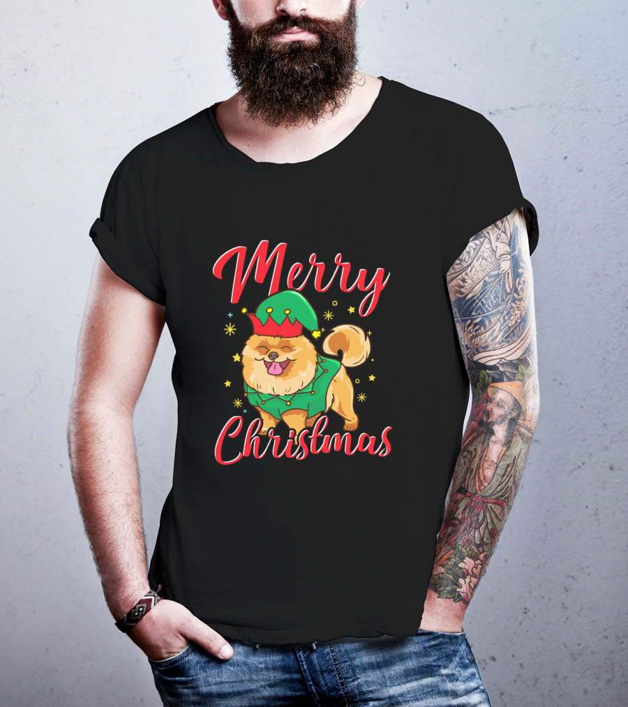 Merry Christmas Funny Cute Pomeranian Elf T-Shirt