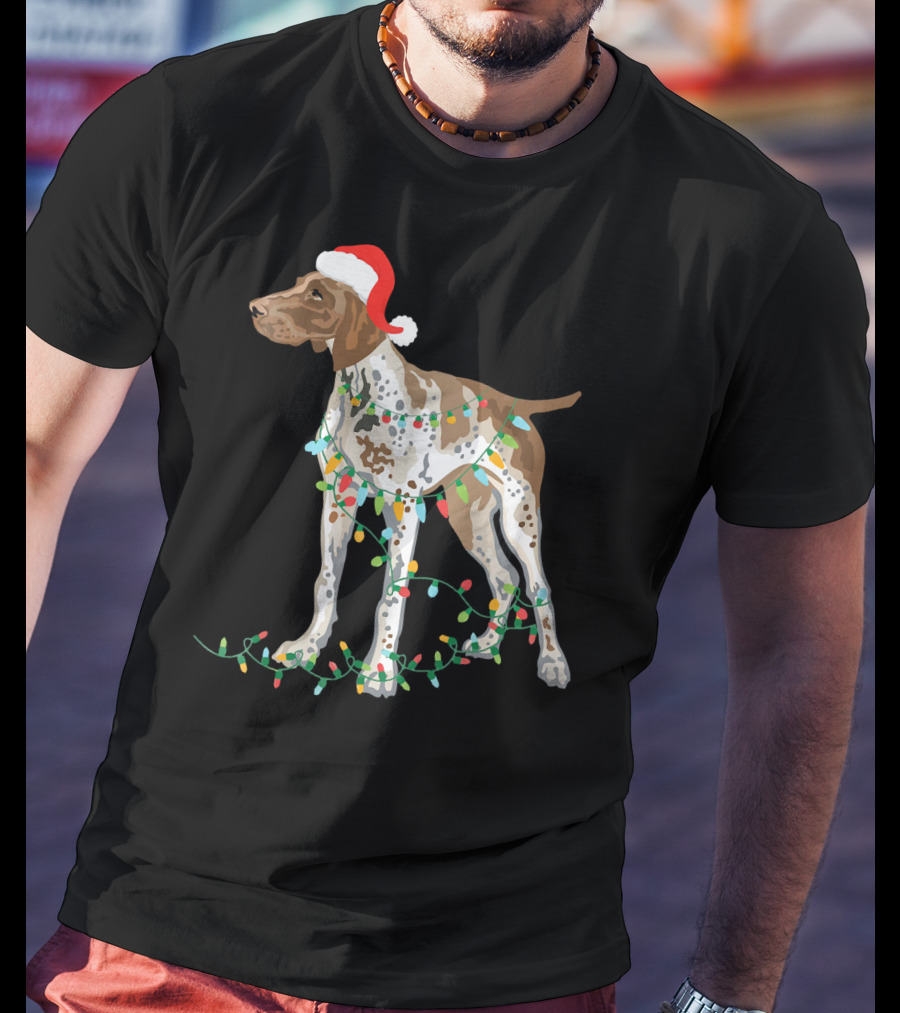 German Shorthaired Pointer Wearing Santa Hat With Christmas Lights Entwined T-Shirt