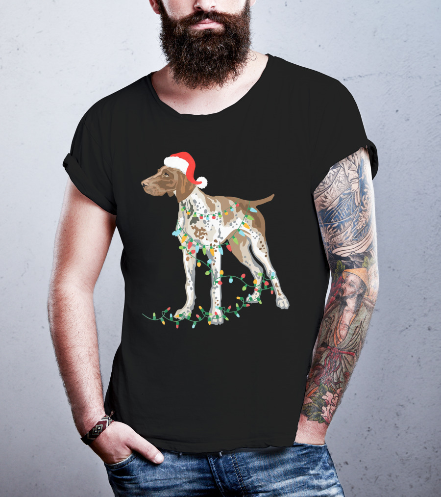 German Shorthaired Pointer Wearing Santa Hat With Christmas Lights Entwined T-Shirt