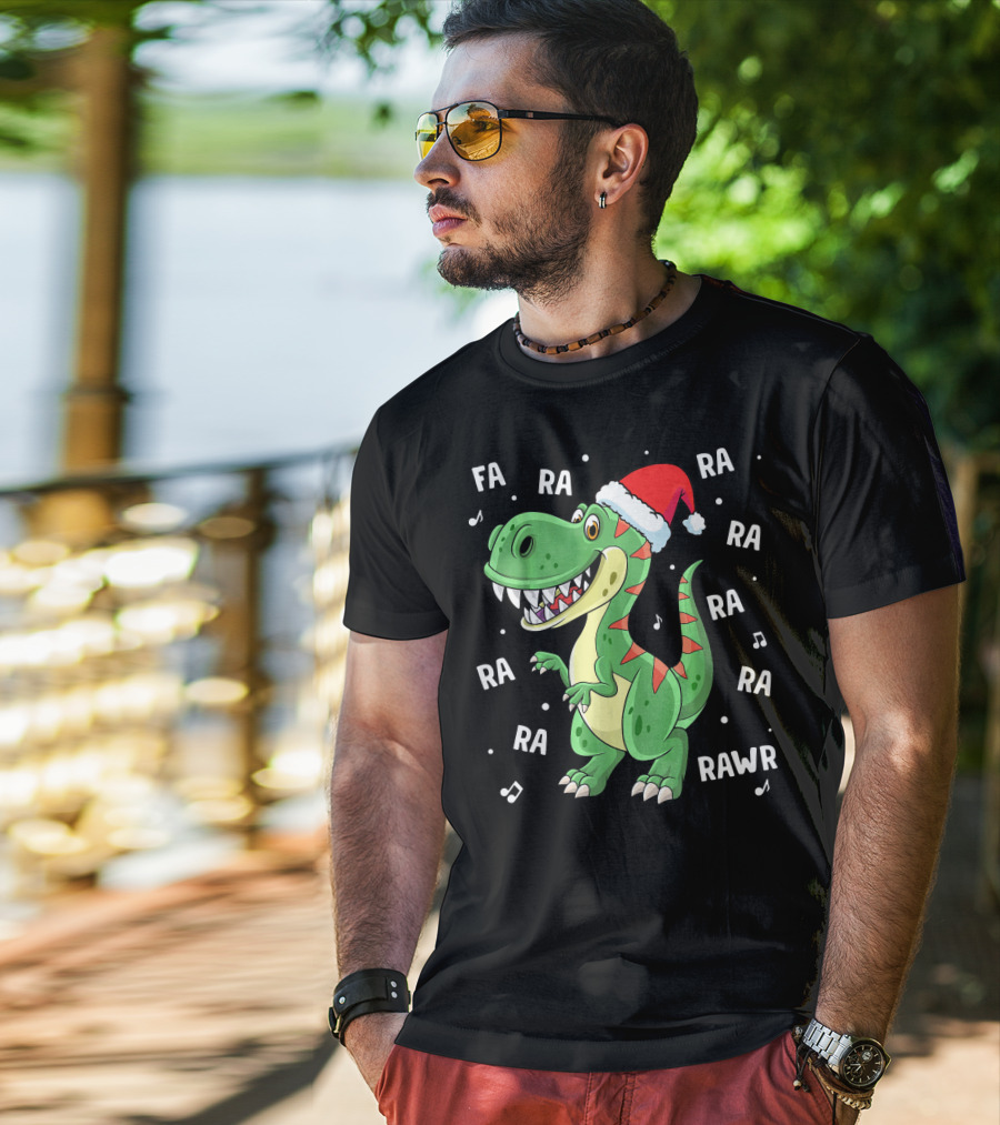 Fa Ra Ra Ra Rawr Dinosaur Rex In Santa Hat Singing Holiday Tune T-Shirt