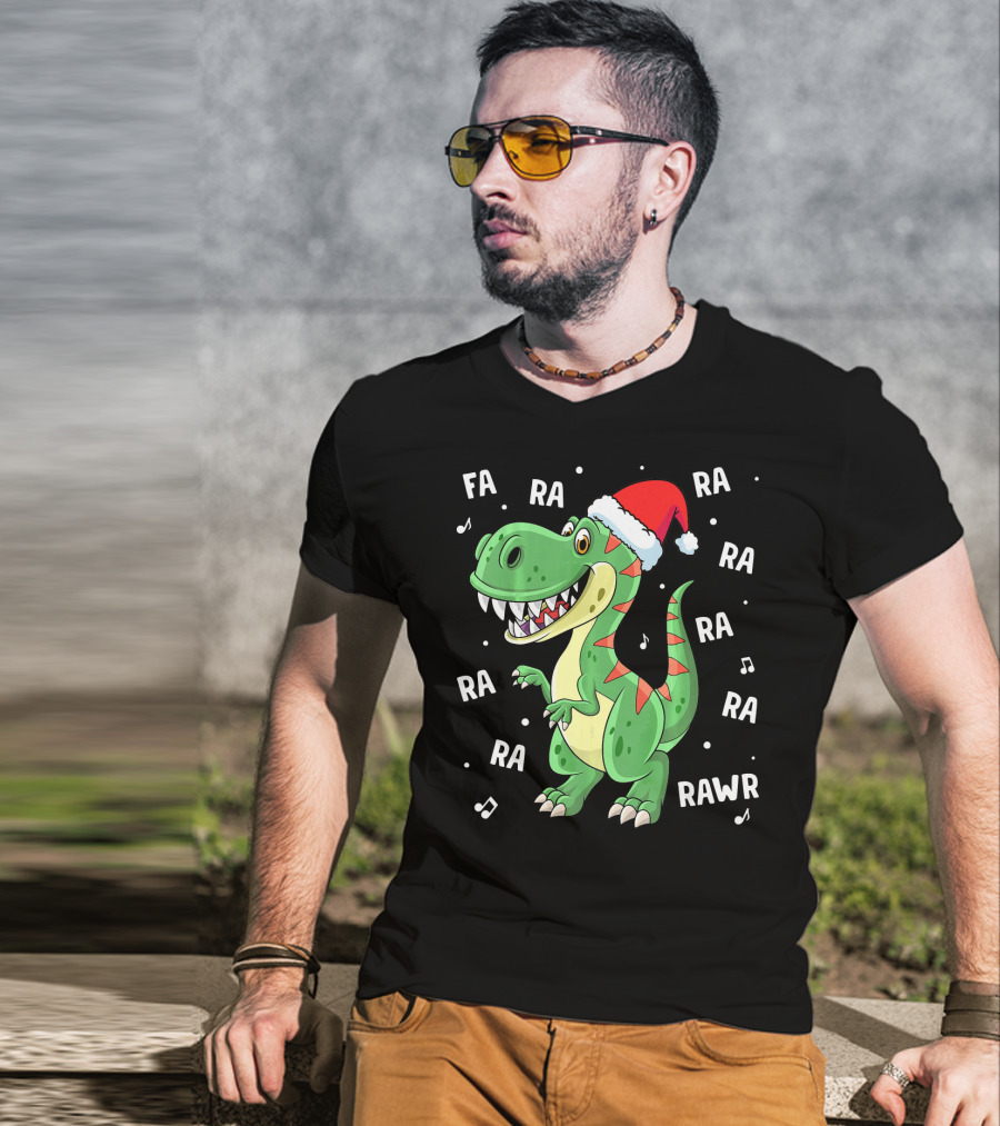Fa Ra Ra Ra Rawr Dinosaur Rex In Santa Hat Singing Holiday Tune T-Shirt