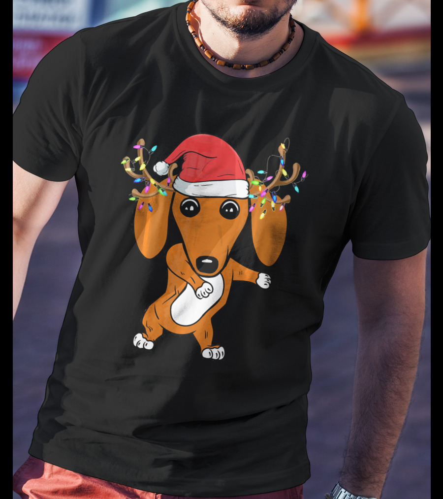 Dabbing Dachshund With Santa Hat And Reindeer Antlers T-Shirt