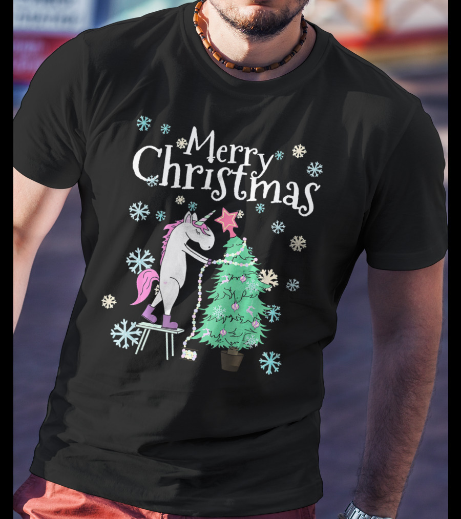 Merry Christmas Funny Unicorn Decorating Christmas Tree T-Shirt