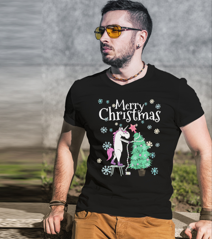 Merry Christmas Funny Unicorn Decorating Christmas Tree T-Shirt