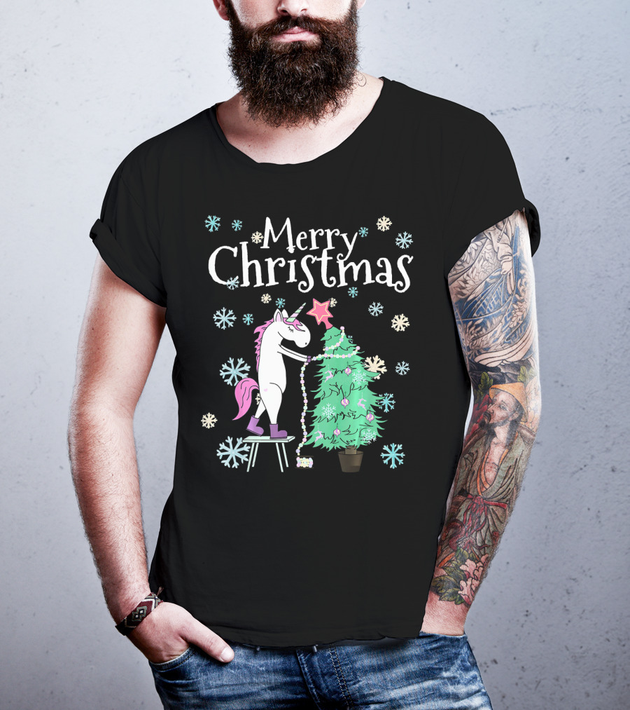 Merry Christmas Funny Unicorn Decorating Christmas Tree T-Shirt
