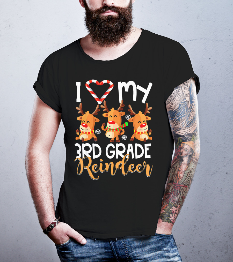 I Love My 3rd Grade Reindeer Christmas Design With Candy Cane Heart And Cute Reindeer Trio T-Shirt