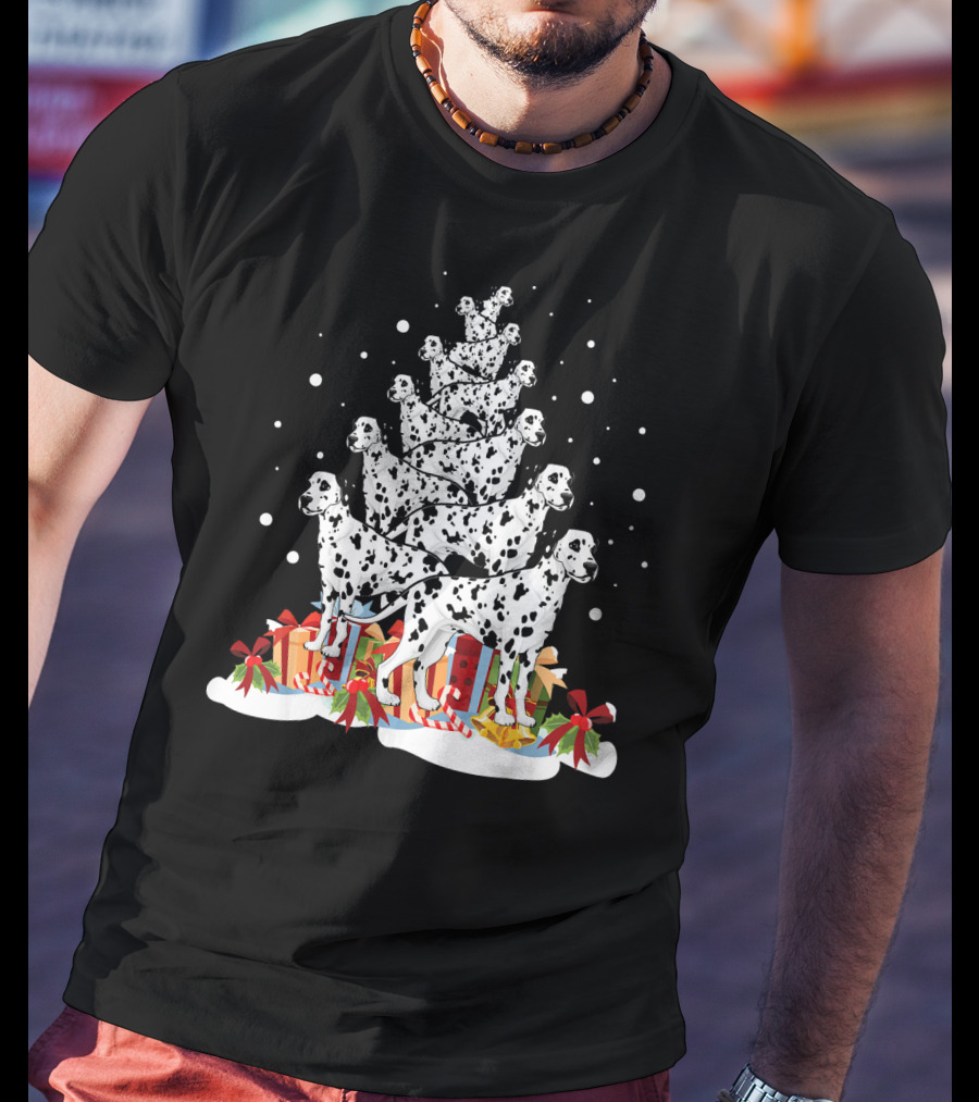 Dalmatian Merry Christmas Tree With Gifts And Snowflakes T-Shirt
