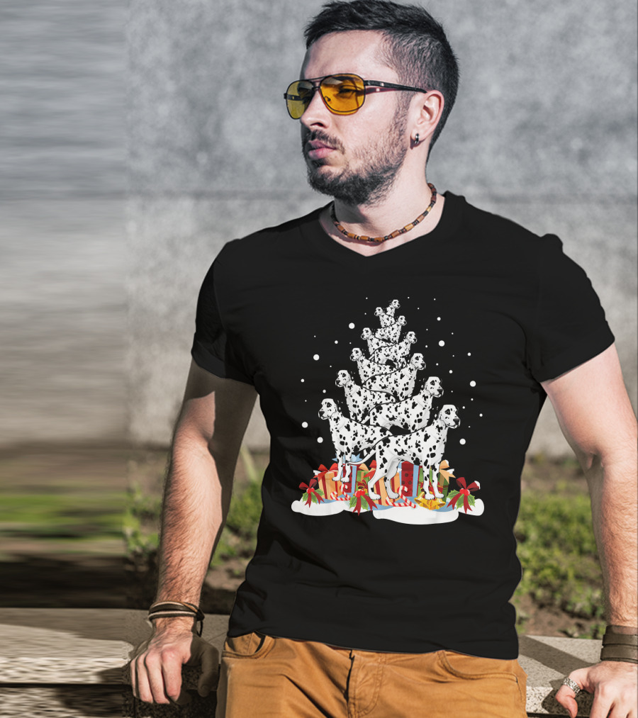 Dalmatian Merry Christmas Tree With Gifts And Snowflakes T-Shirt