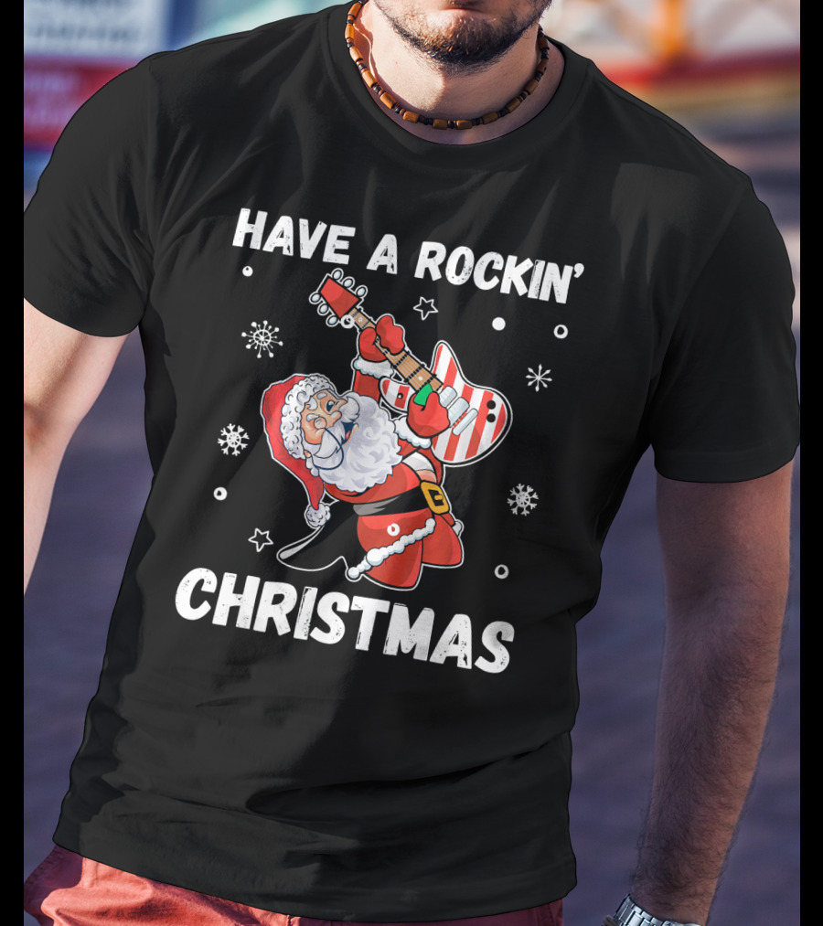 Have A Rockin' Christmas Guitarist Santa With Festive Snowflakes And Stars T-Shirt