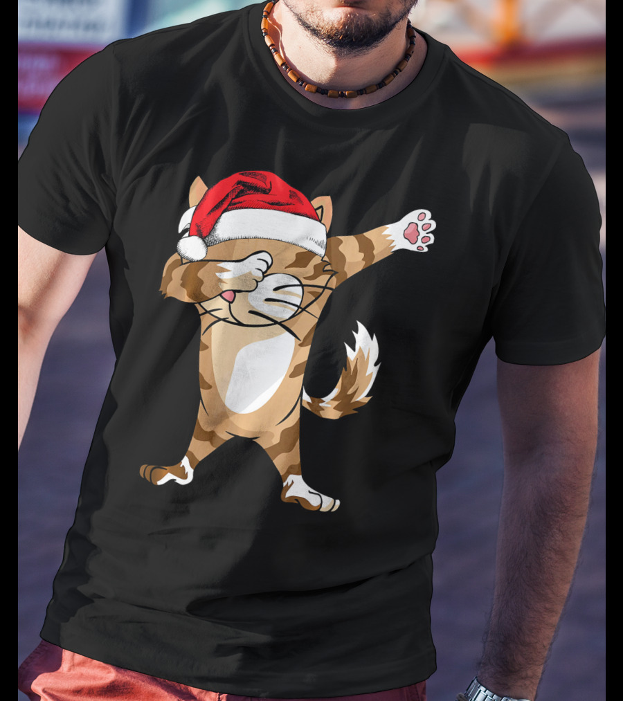 Santa Hat Dabbing Cat Christmas Holiday Fun T-Shirt