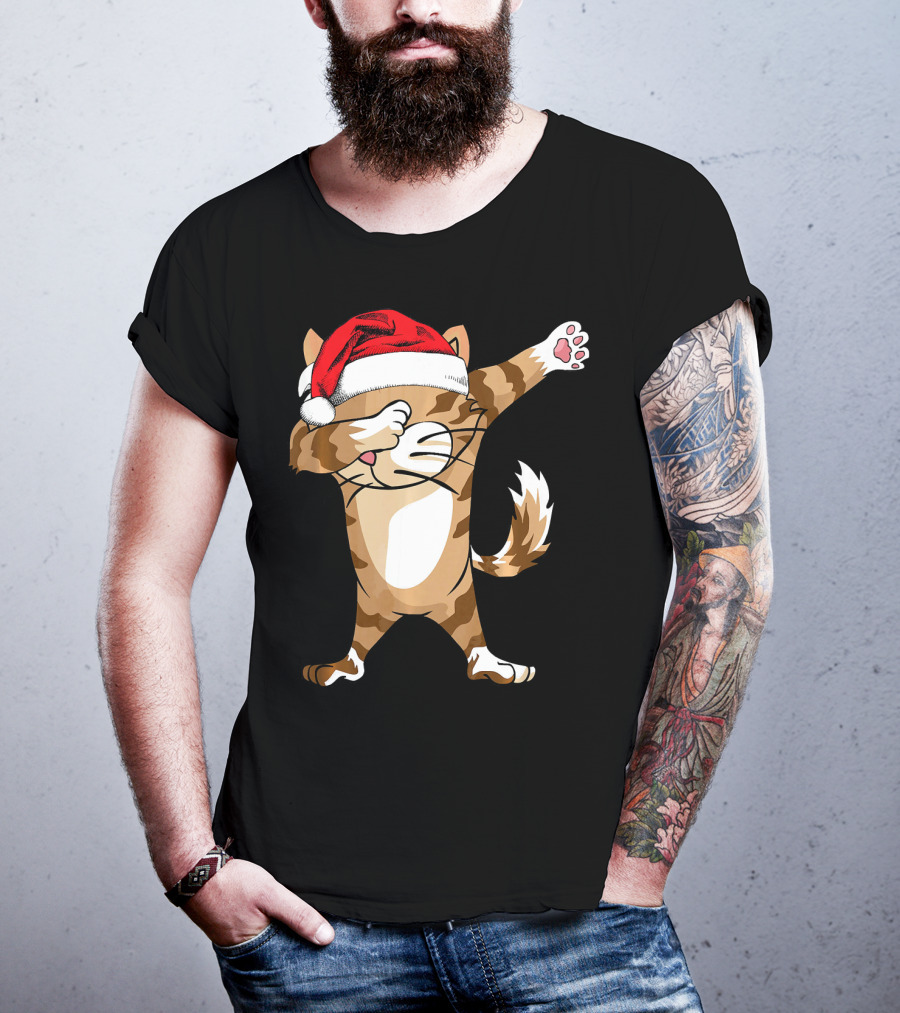 Santa Hat Dabbing Cat Christmas Holiday Fun T-Shirt