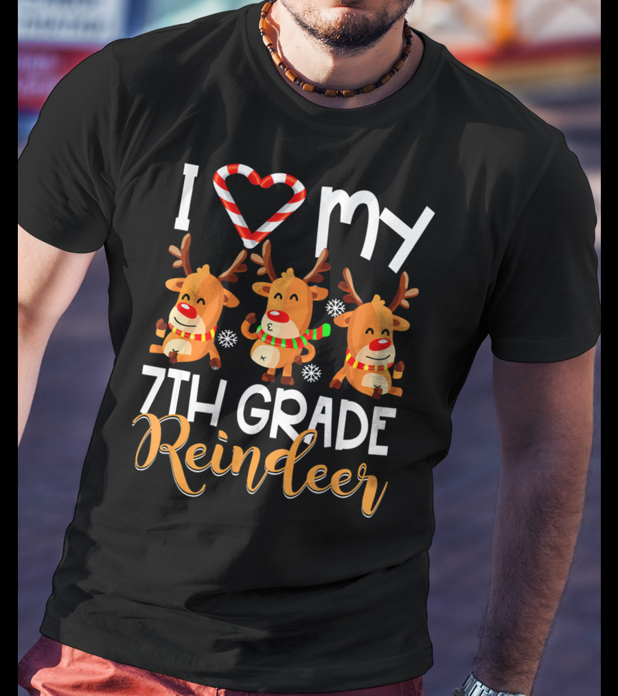 I Love My 7th Grade Reindeer Christmas Candy Cane Snowflakes T-Shirt