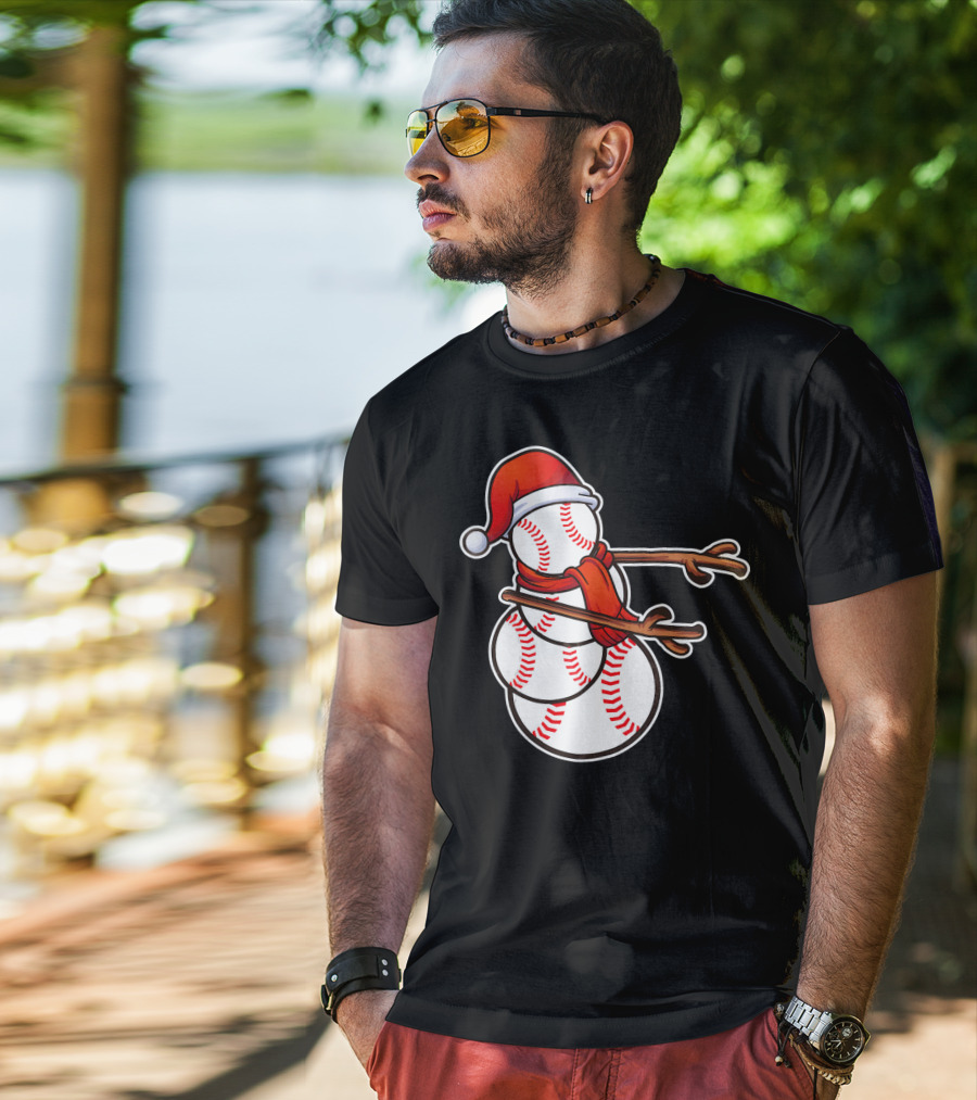 Santa Hat Snowman Made Of Baseballs Flossing T-Shirt