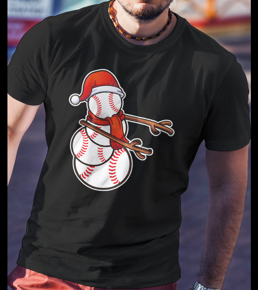 Santa Hat Snowman Made Of Baseballs Flossing T-Shirt